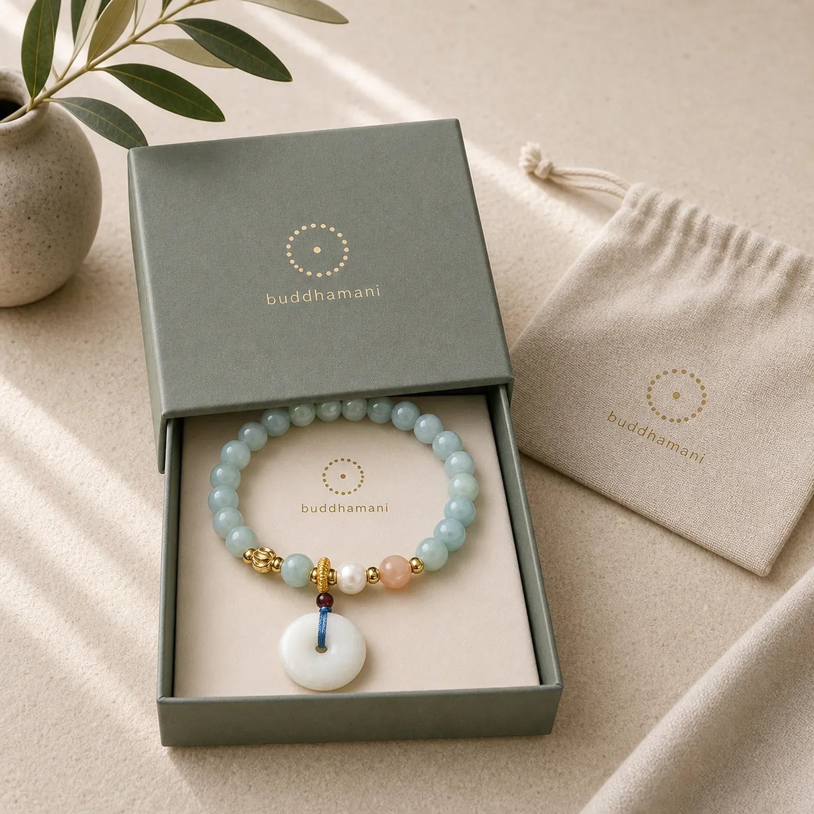 Peace Buckle Jade Round Beaded Luck Auspicious Bracelet featuring Peace Buckle, Jade, Copper