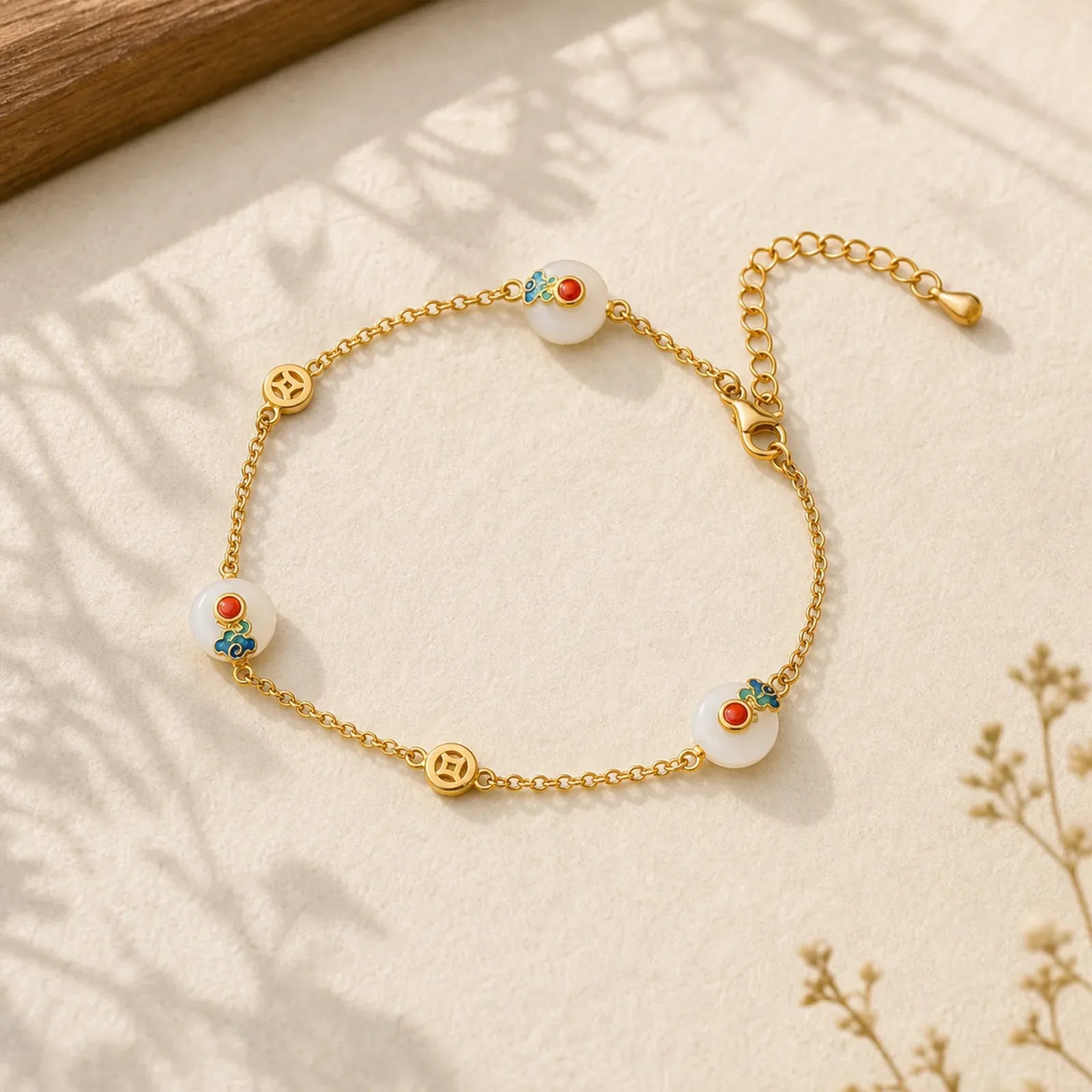 Peace Buckle White Jade Luck Copper Bracelet featuring Peace Buckle, White Jade, Jade