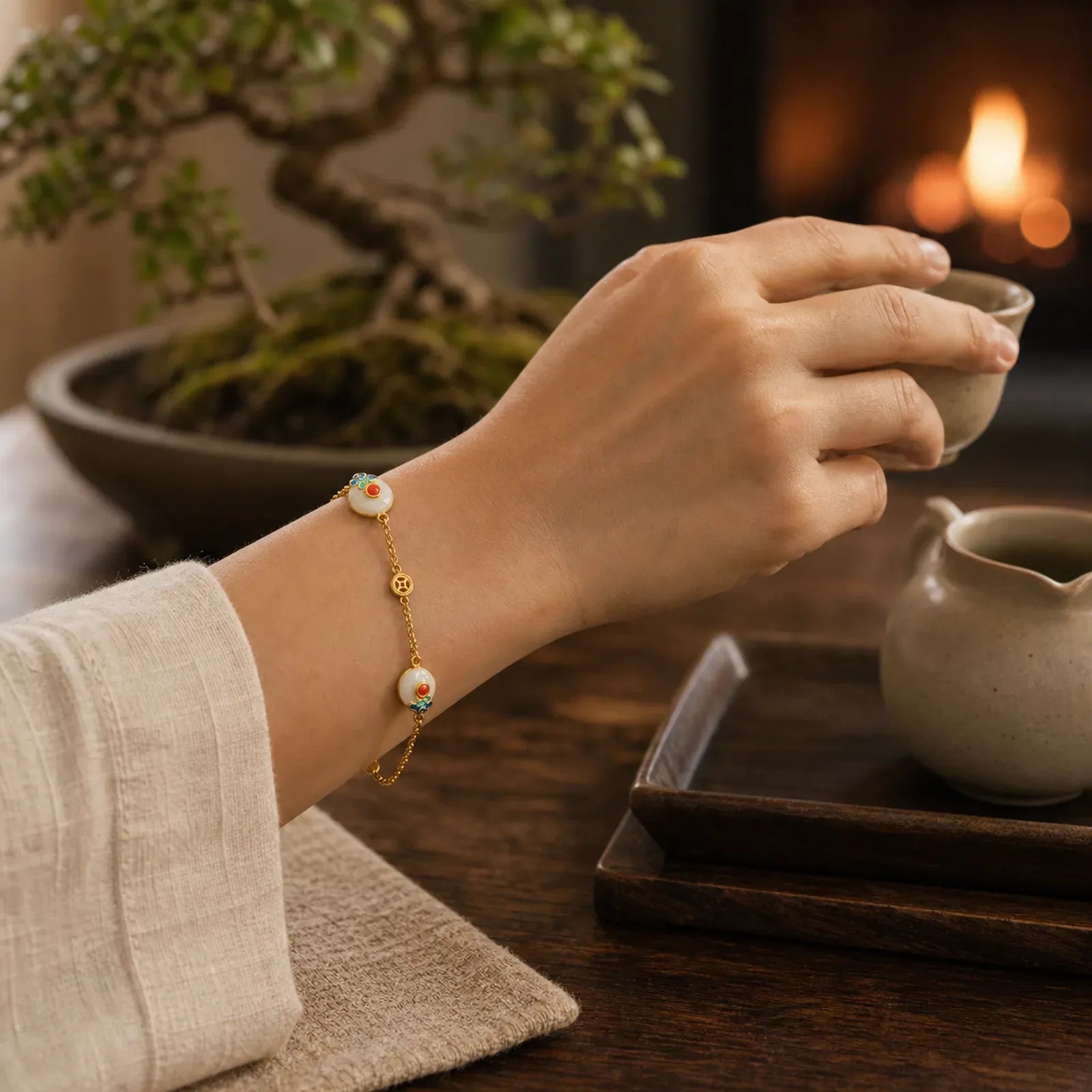Peace Buckle White Jade Luck Copper Bracelet featuring Peace Buckle, White Jade, Jade