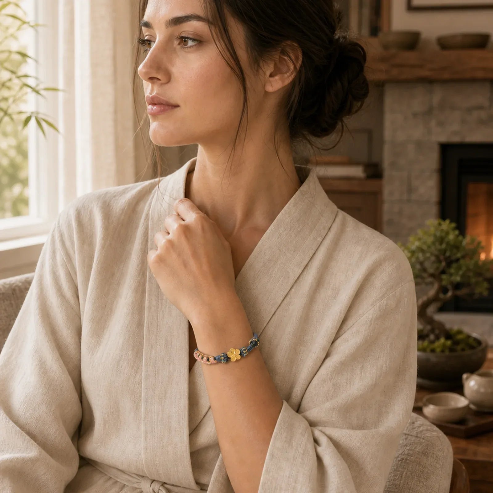 Peach Blossom Design Wealth String Bracelet featuring Copper