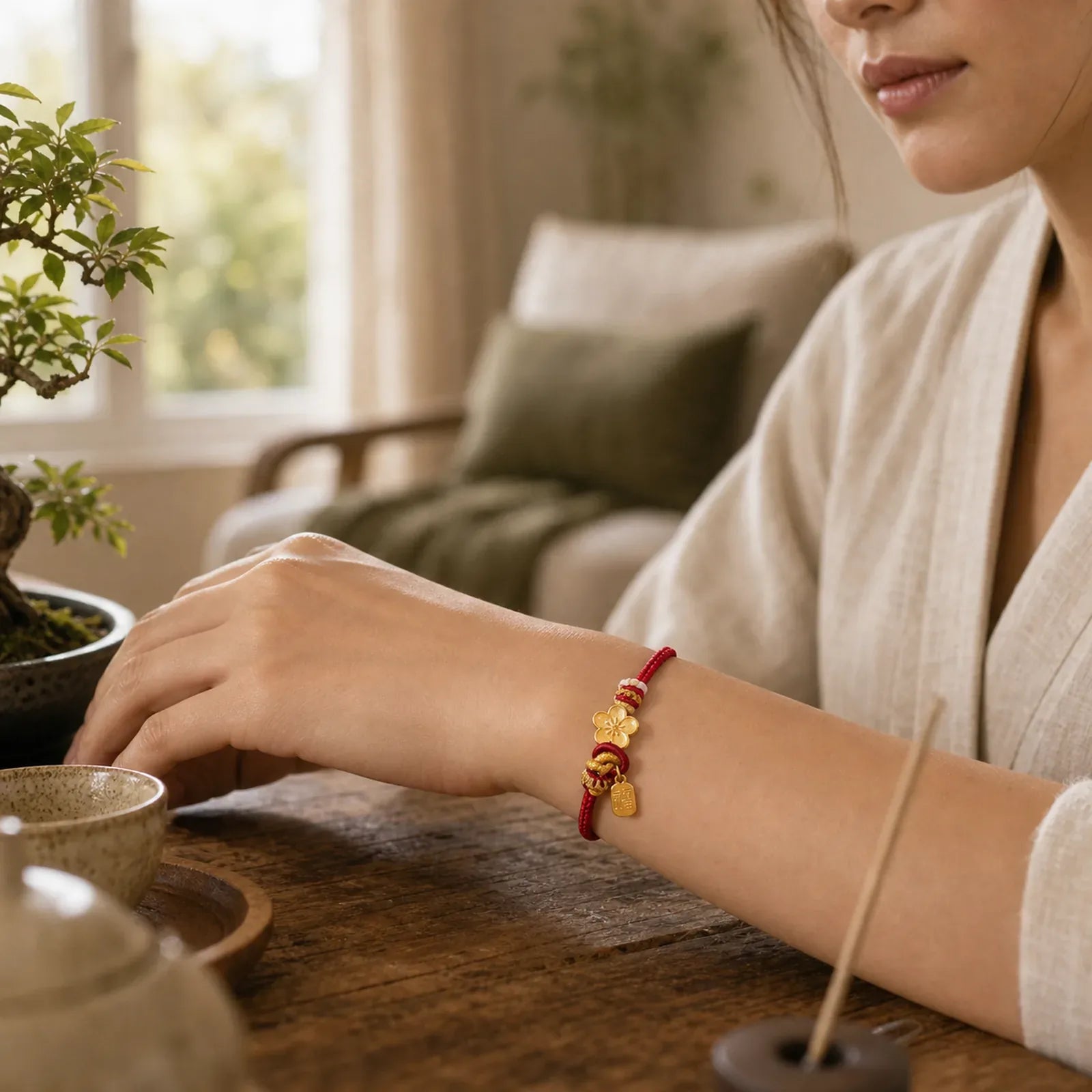 Peach Blossom Happiness Charm Luck Red String Bracelet featuring Red String, Copper