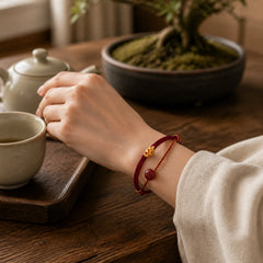 Peach Blossom Knot Cinnabar Beads Eight-strand Braid Blessing Bracelet featuring Cinnabar, Red String