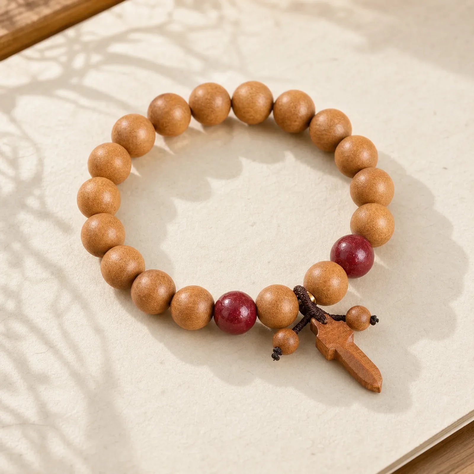 Peach Wood Cinnabar Sword Charm Wealth Bracelet featuring Peach Wood, Cinnabar