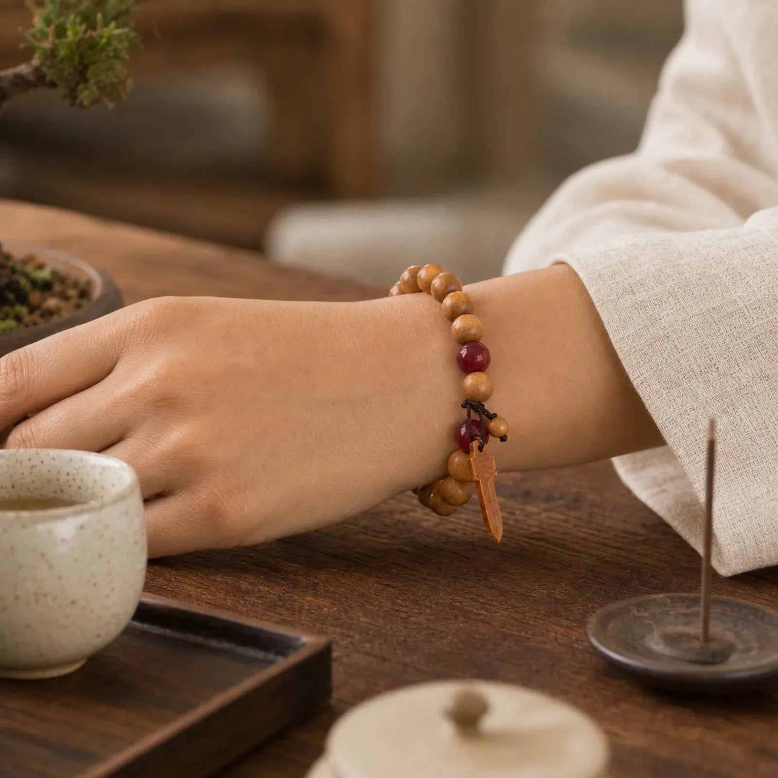 Peach Wood Cinnabar Sword Charm Wealth Bracelet featuring Peach Wood, Cinnabar