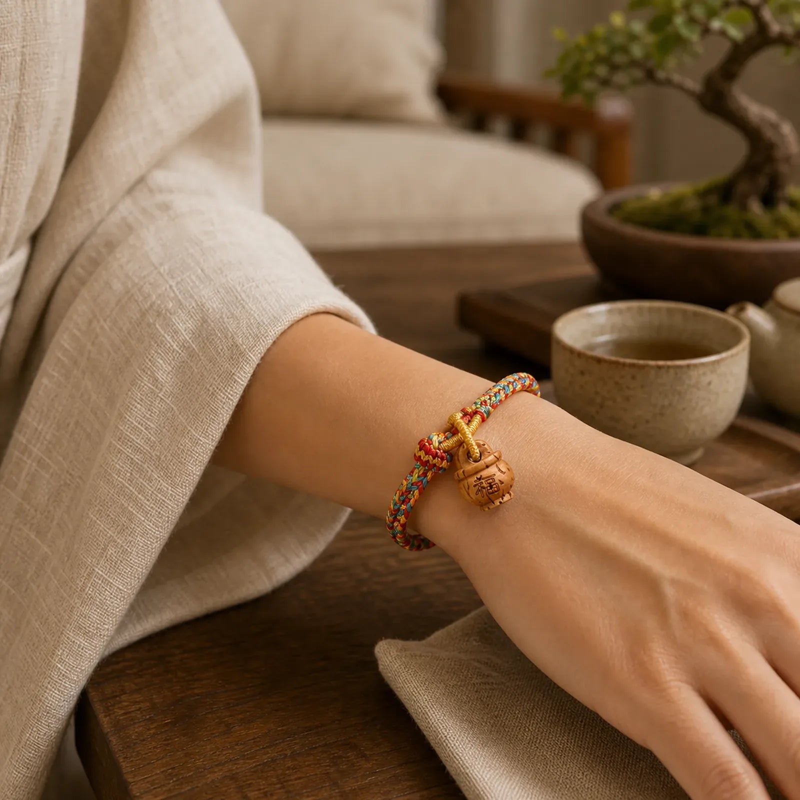 Peach Wood Fu Character Safe And Well Wealth Bracelet featuring Peach Wood, Fu Character