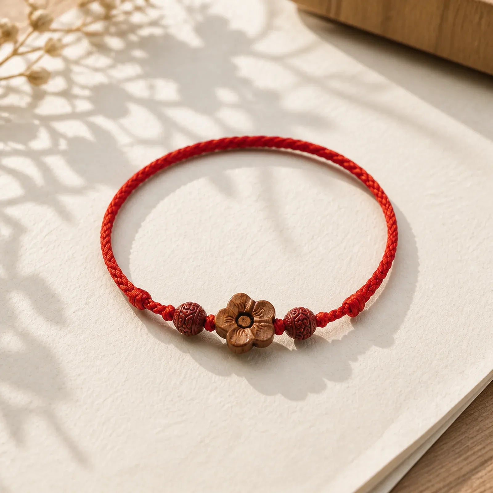 Peach Wood Small Peach Blossom Cinnabar Wealth String Bracelet Anklet featuring Peach Wood, Cinnabar, Red String
