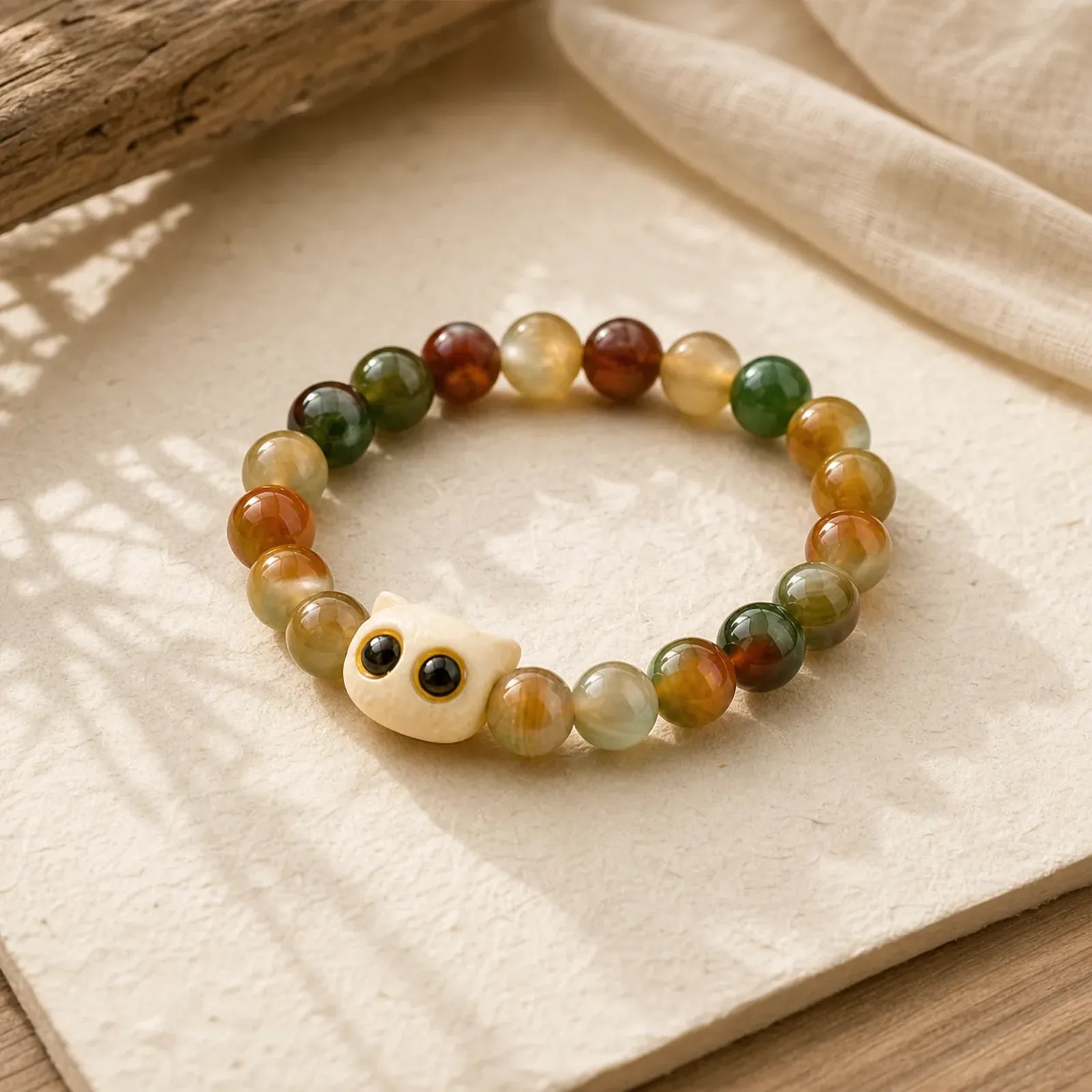 Peacock Agate Ivory Fruit Cat Courage Bracelet featuring Peacock Agate, Peacock, Ivory Fruit