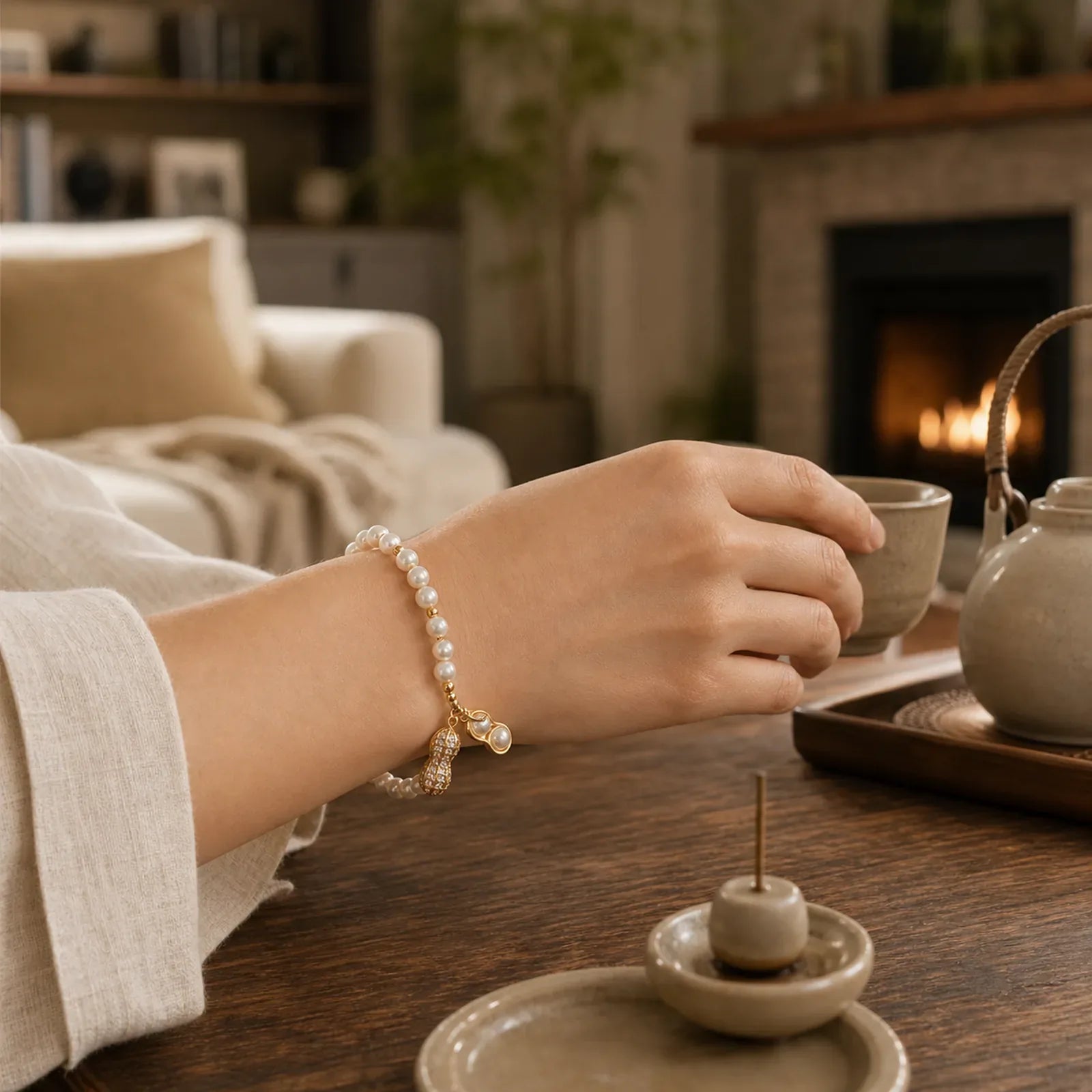 Pearl Bead Peanut Good Things Happen Wisdom Bracelet featuring Pearl, Copper