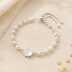 Pearl Cat Head Tridacna Stone Silver Healing Bracelet featuring Pearl, Tridacna Stone, Silver