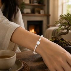 Pearl Cat Head Tridacna Stone Silver Healing Bracelet featuring Pearl, Tridacna Stone, Silver