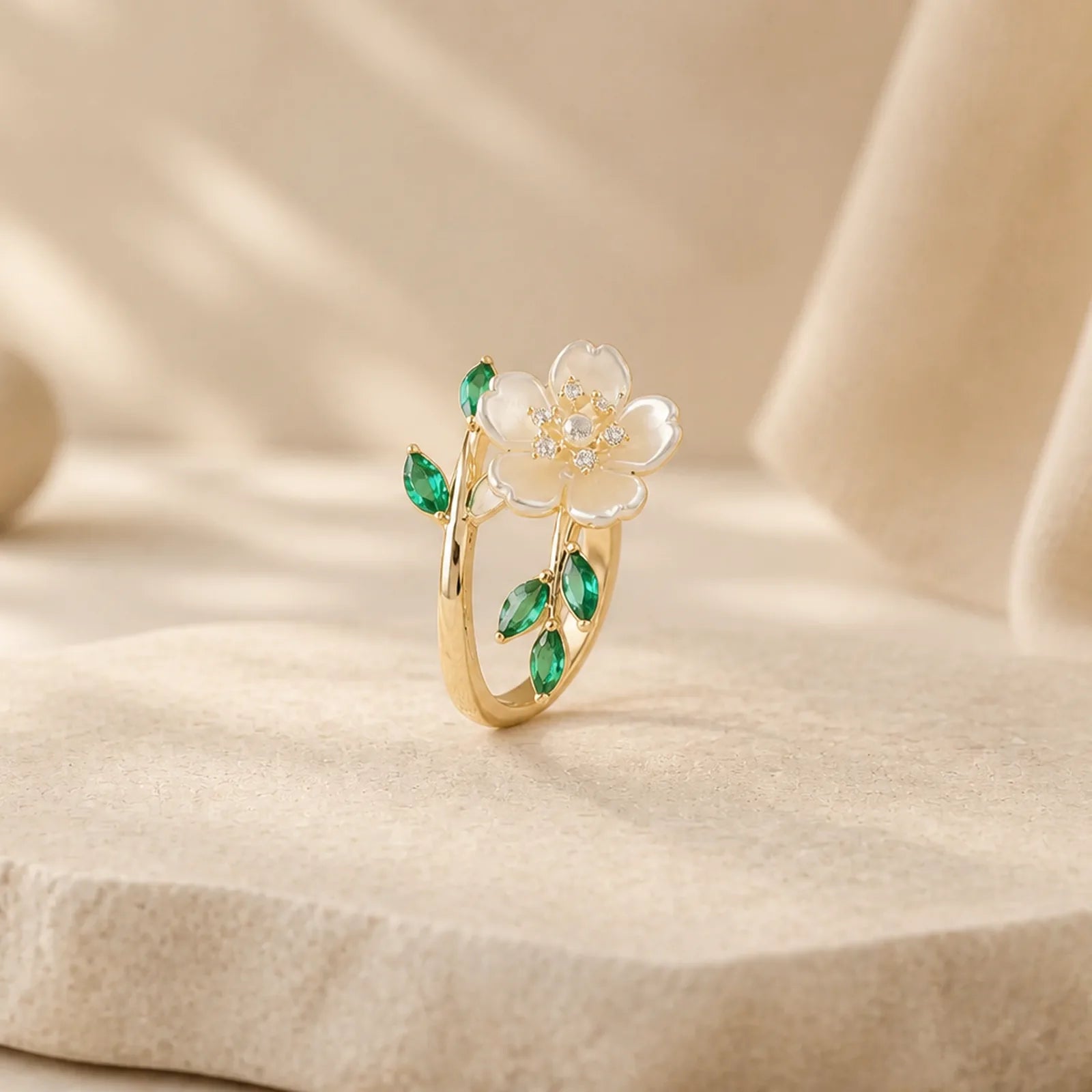 Pearl Flower Zircon Leaves Happiness Wealth Adjustable Ring featuring Pearl, Copper