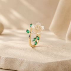 Pearl Flower Zircon Leaves Happiness Wealth Adjustable Ring featuring Pearl, Copper