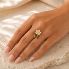 Pearl Flower Zircon Leaves Happiness Wealth Adjustable Ring featuring Pearl, Copper