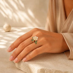 Pearl Flower Zircon Leaves Happiness Wealth Adjustable Ring featuring Pearl, Copper