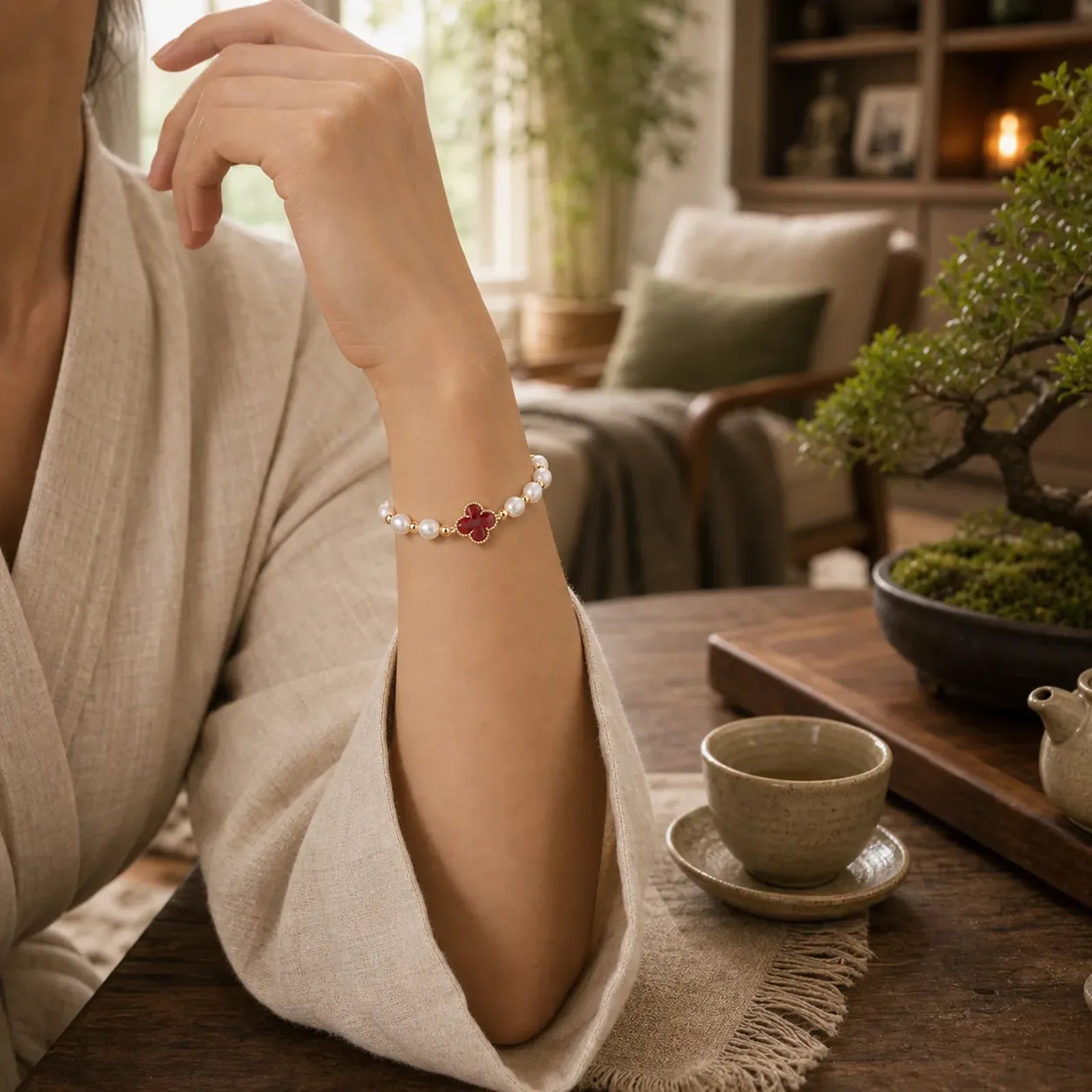 Pearl Four Leaf Clover Wealth Chain Bracelet featuring Pearl