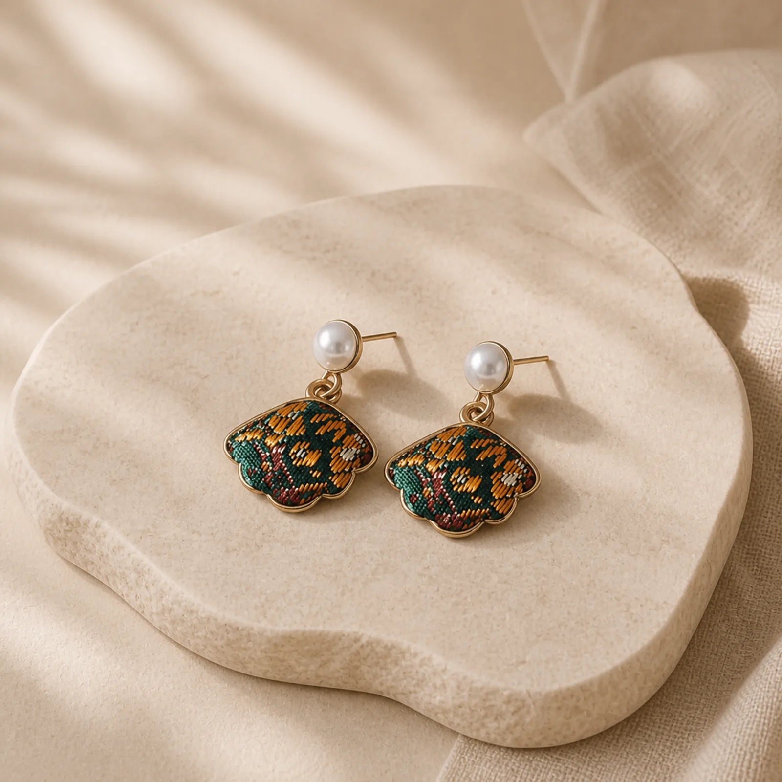 Pearl Handcrafted Song Brocade Fan Shell Elegance Earrings featuring Pearl