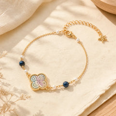 Pearl Inlaid Song Brocade Four Leaf Clover Purity Adjustable Copper Bracelet featuring Pearl, Copper