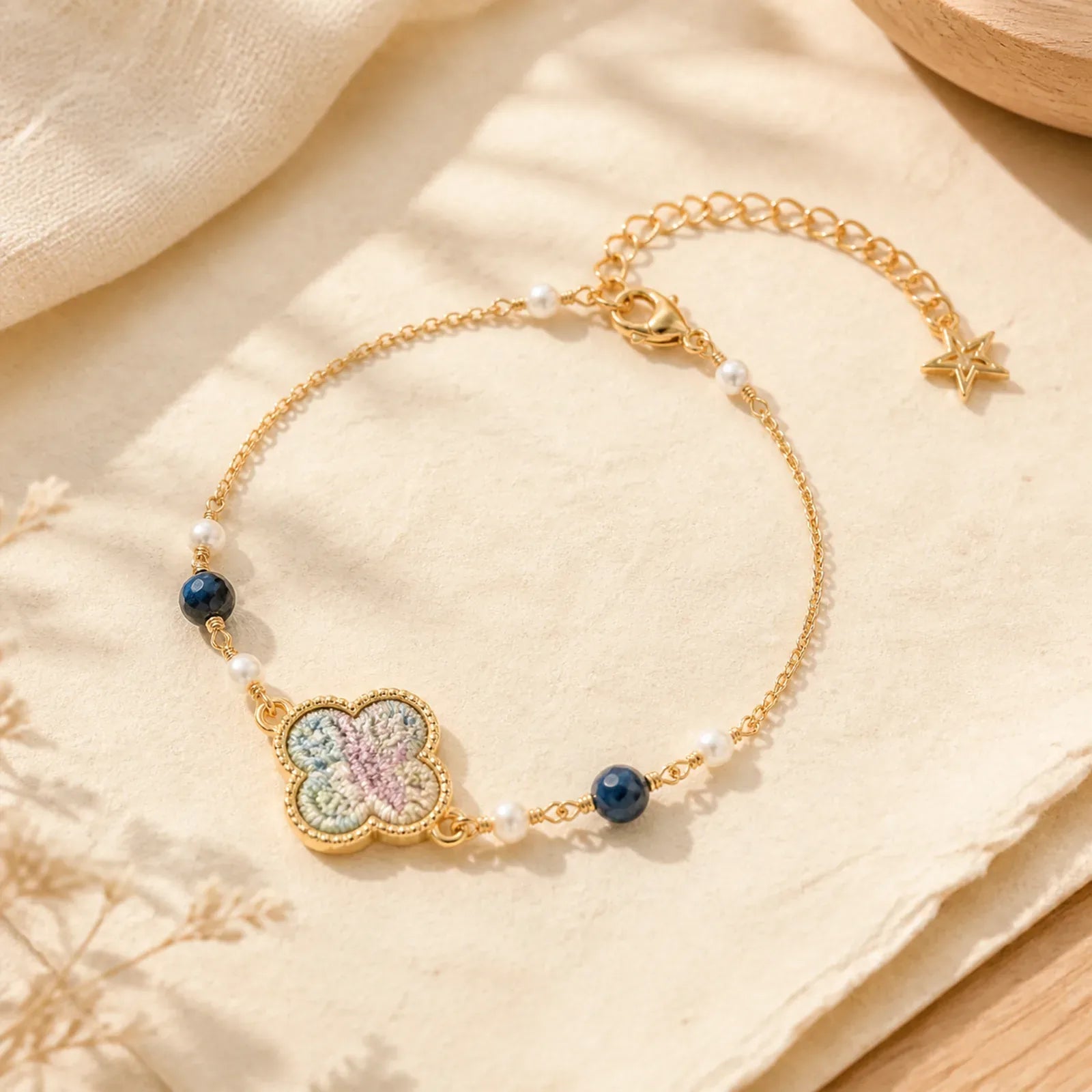 Pearl Inlaid Song Brocade Four Leaf Clover Purity Adjustable Copper Bracelet featuring Pearl, Copper