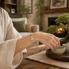 Pearl Inlaid Song Brocade Four Leaf Clover Purity Adjustable Copper Bracelet featuring Pearl, Copper