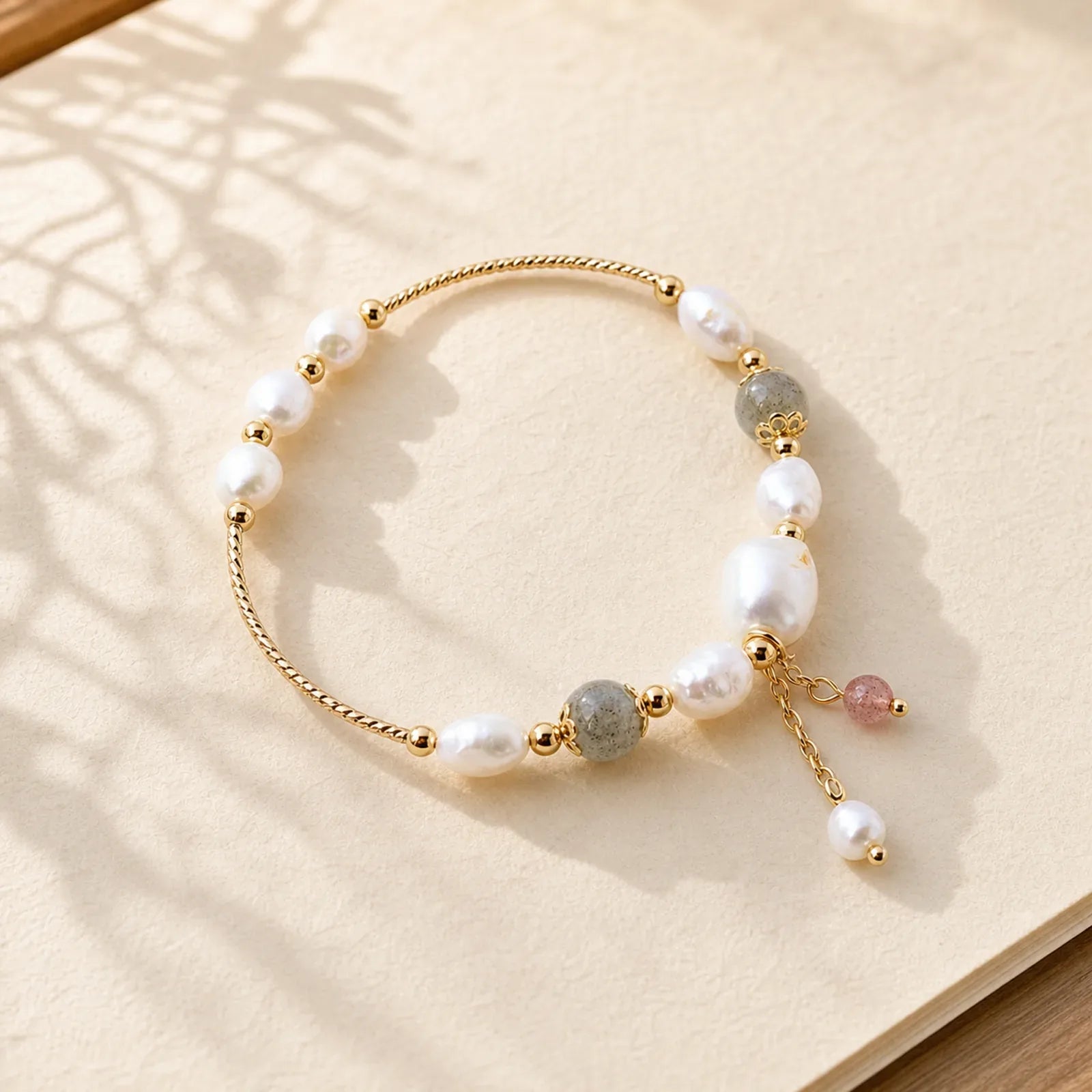 Pearl Moonstone Strawberry Quartz Bead Optimism Bracelet featuring Pearl, Moonstone, Strawberry Quartz