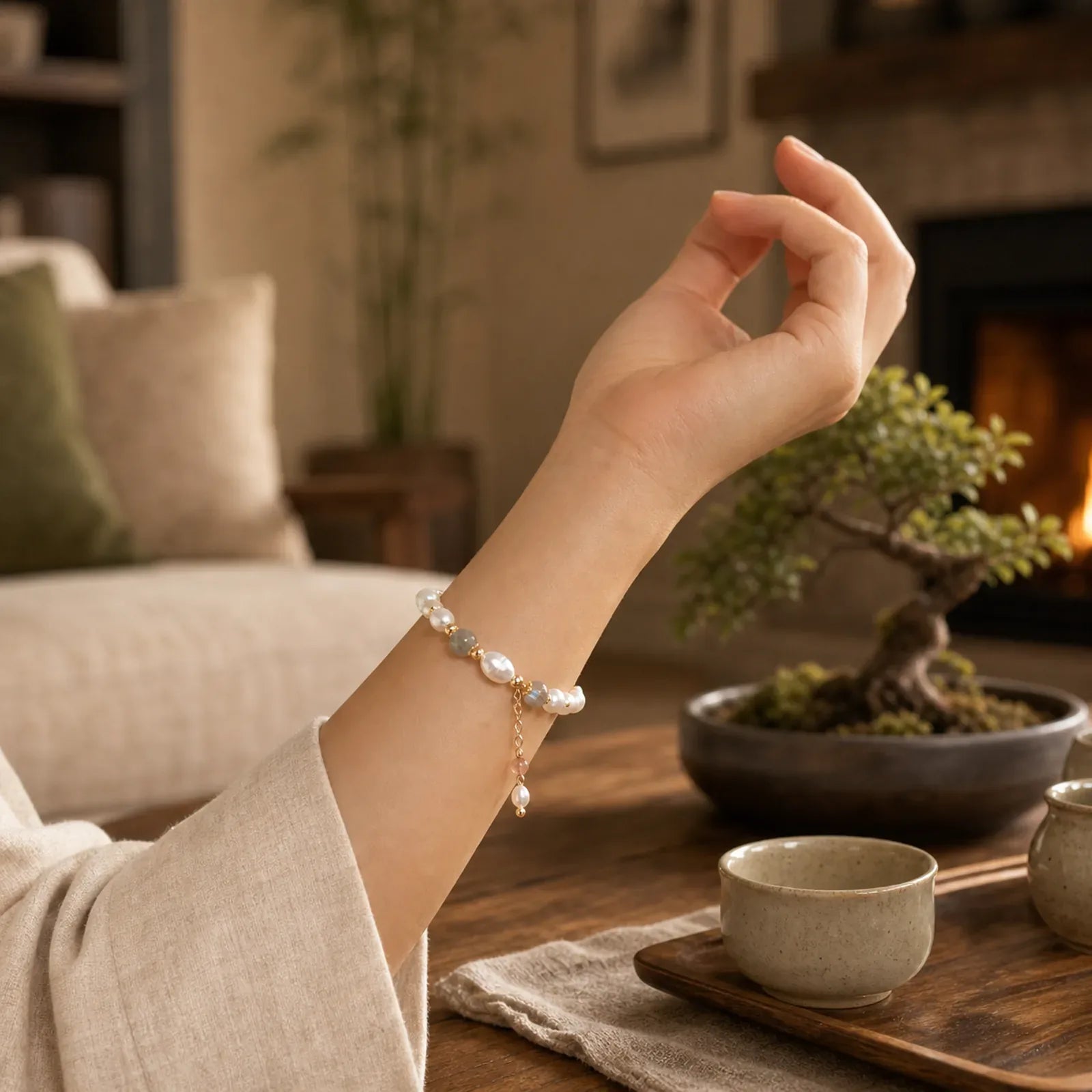 Pearl Moonstone Strawberry Quartz Bead Optimism Bracelet featuring Pearl, Moonstone, Strawberry Quartz