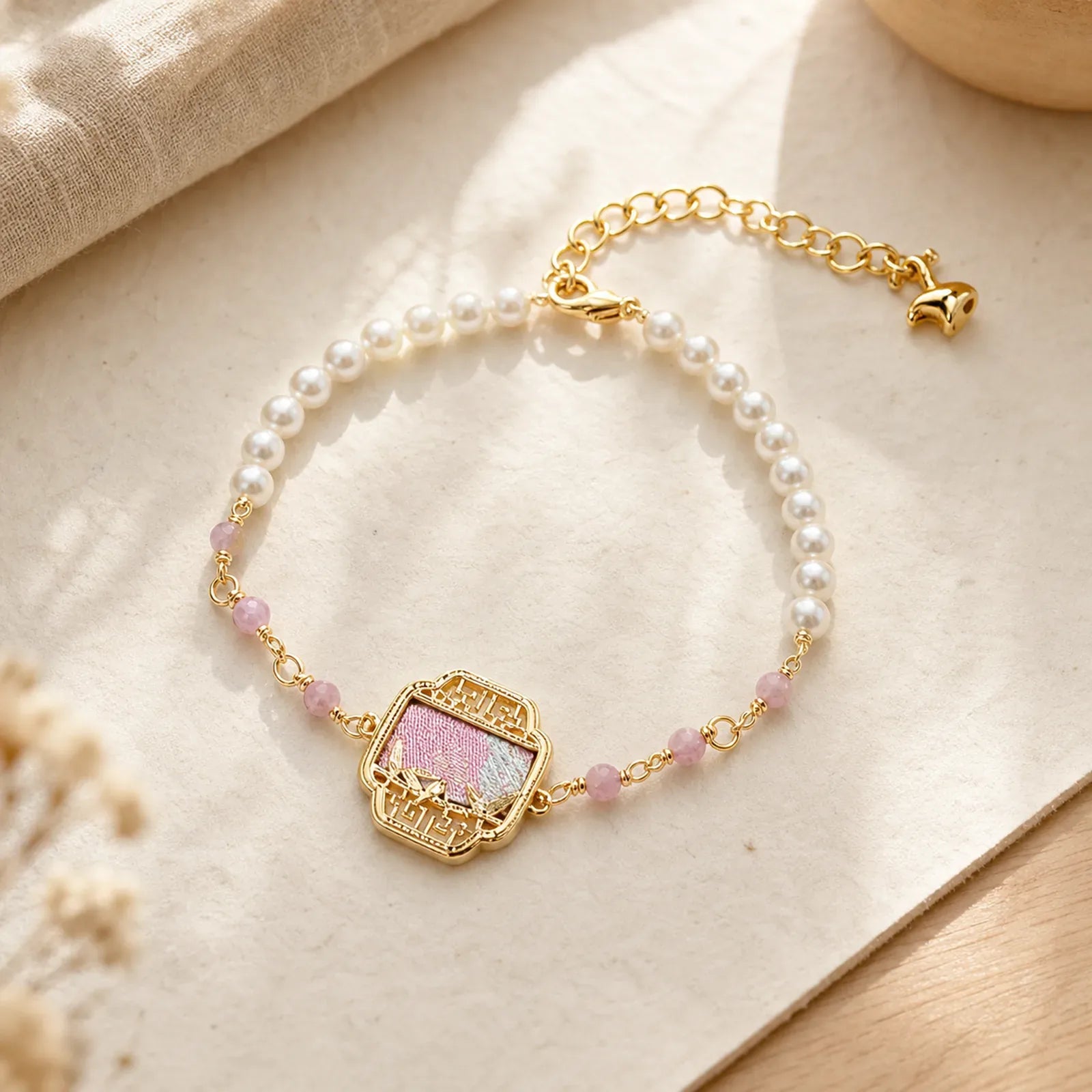 Pearl Purity Song Brocade Charm Neo Chinese Bracelet featuring Pearl, Copper