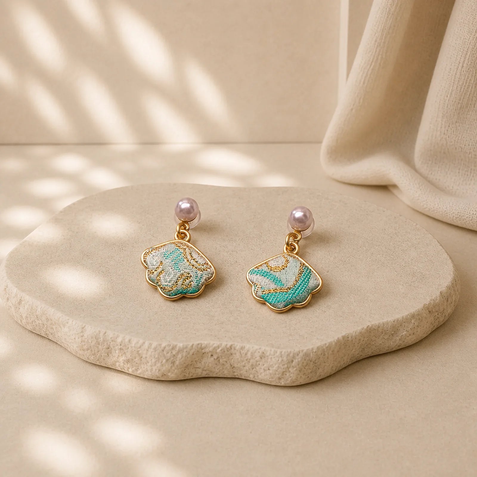 Pearl Song Brocade Leaf Shaped Balance Chinese Earrings featuring Pearl, Silver, Copper