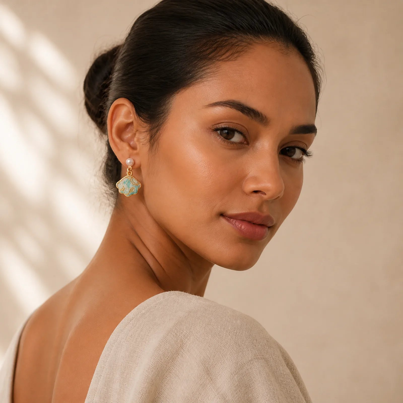 Pearl Song Brocade Leaf Shaped Balance Chinese Earrings featuring Pearl, Silver, Copper
