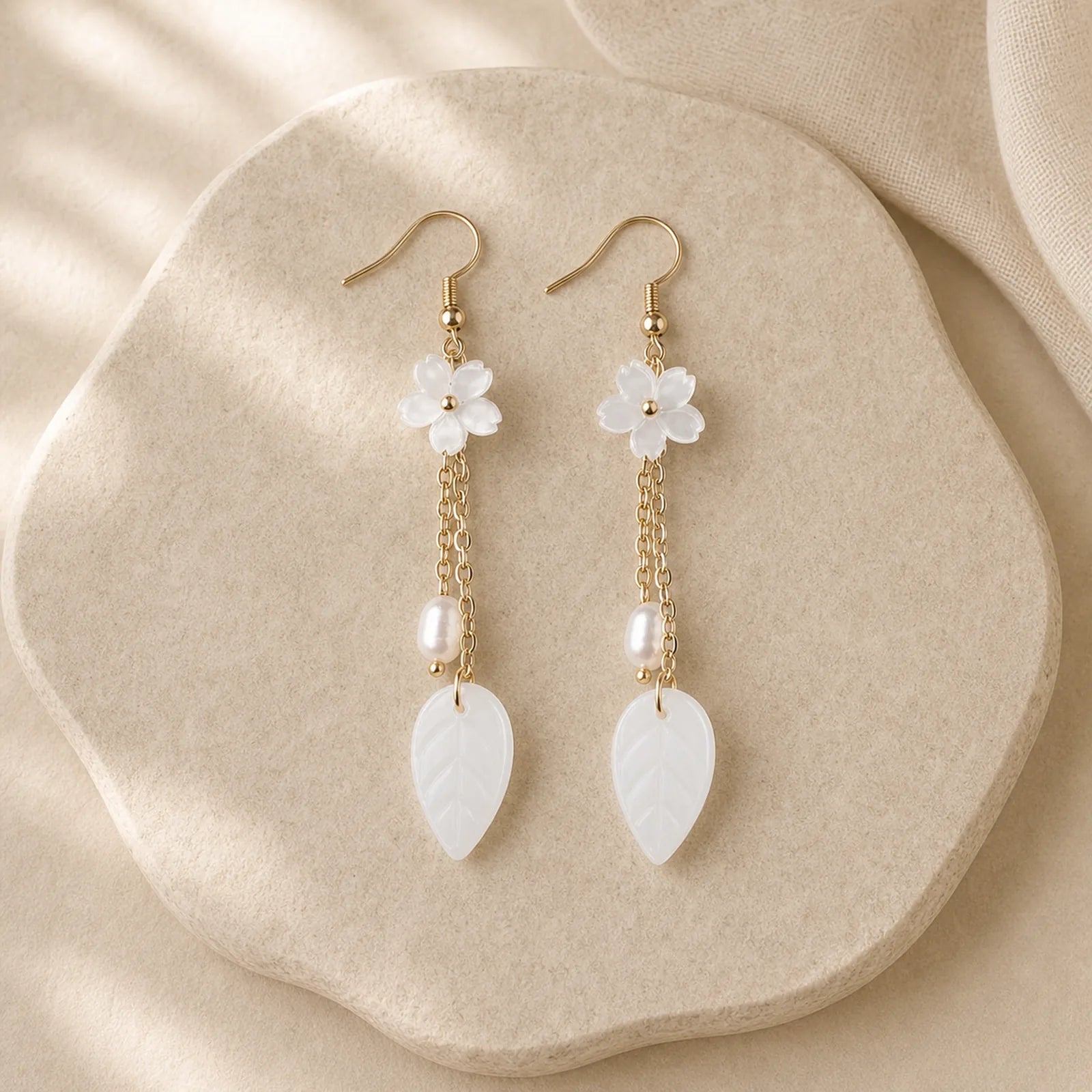 Pearl White Flower Leaves Happiness Drop Earrings featuring Pearl, Copper