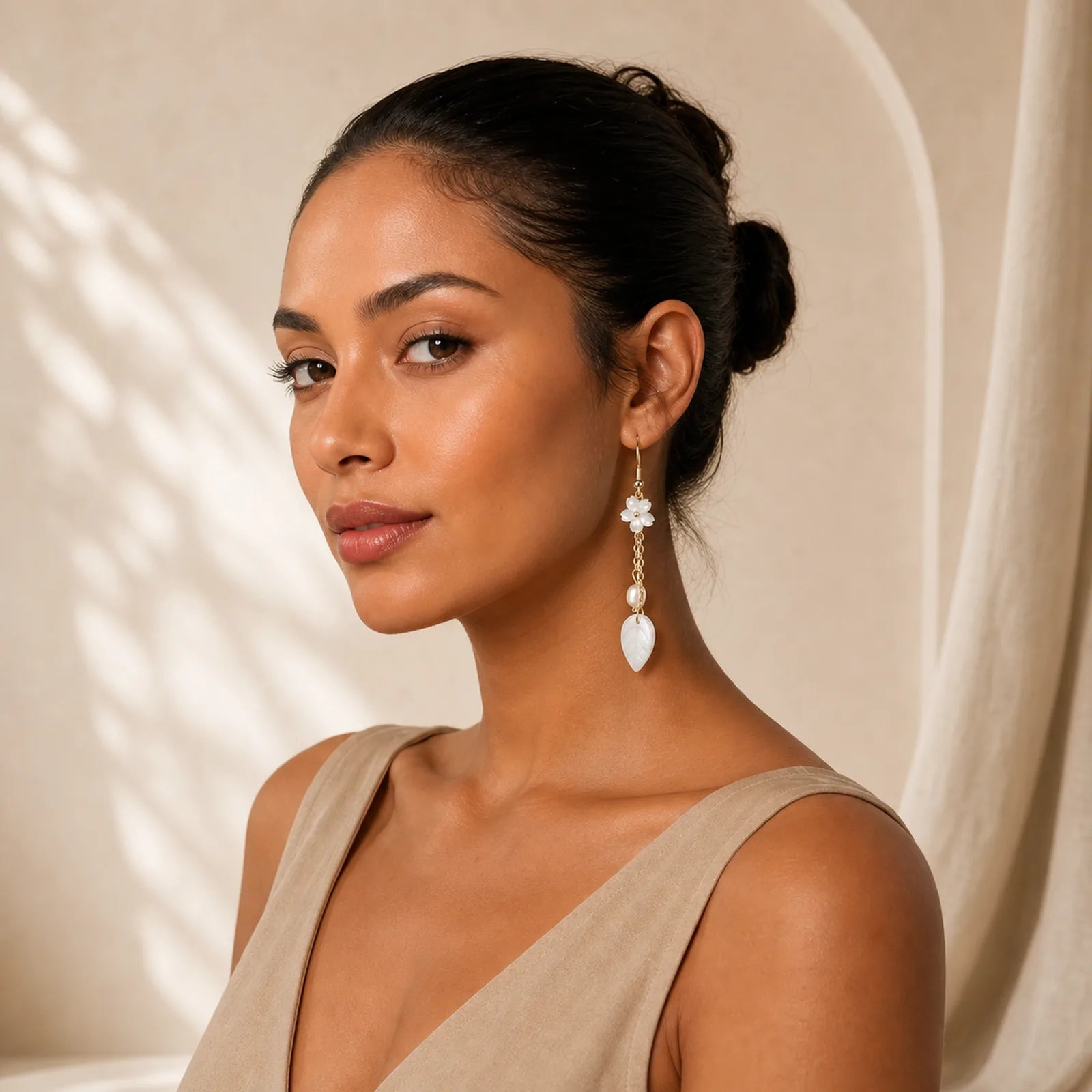 Pearl White Flower Leaves Happiness Drop Earrings featuring Pearl, Copper