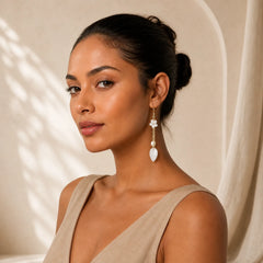 Pearl White Flower Leaves Happiness Drop Earrings featuring Pearl, Copper