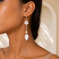 Pearl White Flower Leaves Happiness Drop Earrings featuring Pearl, Copper