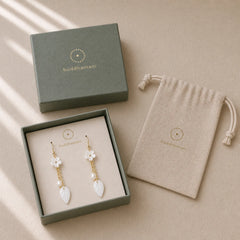 Pearl White Flower Leaves Happiness Drop Earrings featuring Pearl, Copper