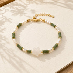 Peridot Bamboo Flower Agate Pearl Peace Bracelet featuring Peridot, Bamboo, Pearl