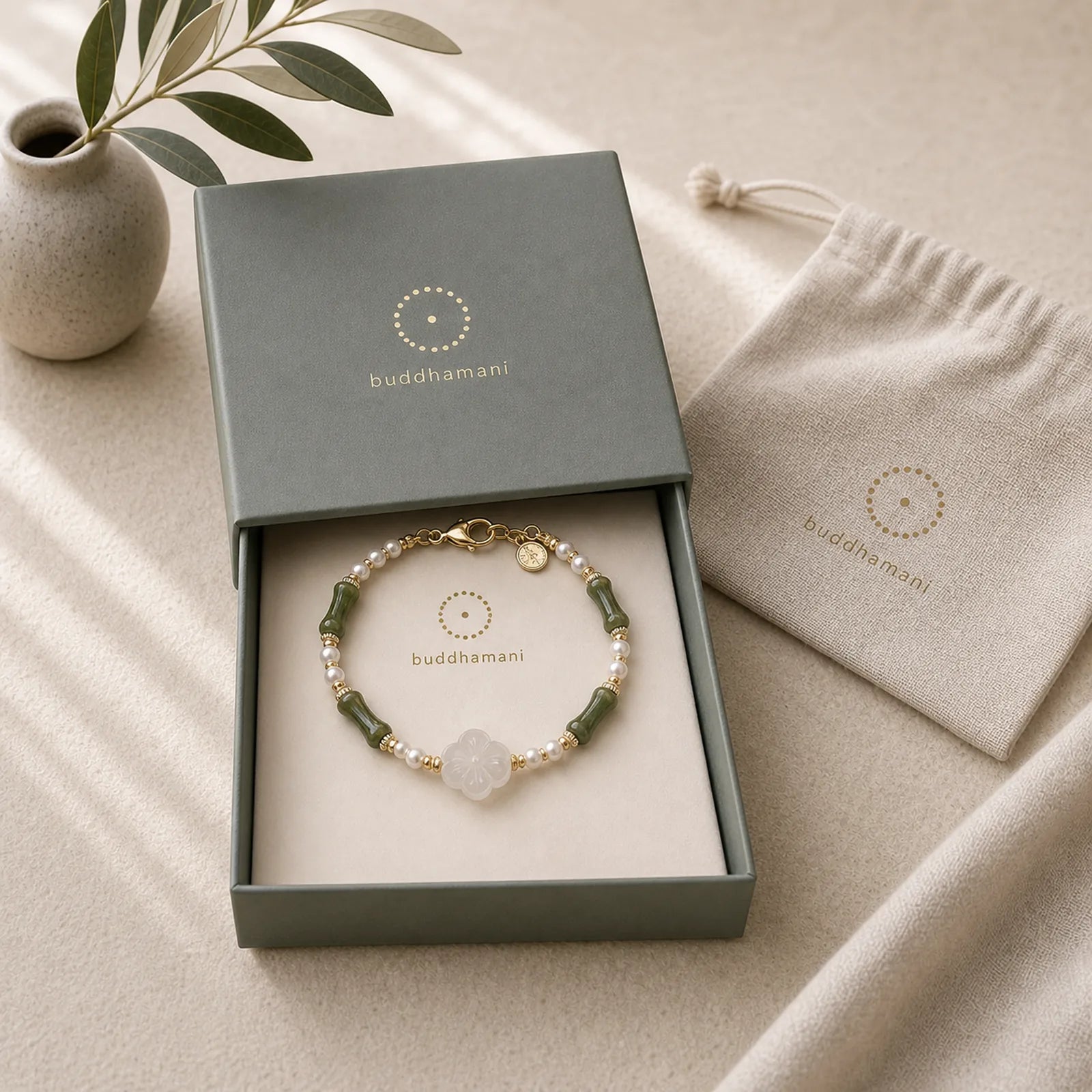 Peridot Bamboo Flower Agate Pearl Peace Bracelet featuring Peridot, Bamboo, Pearl