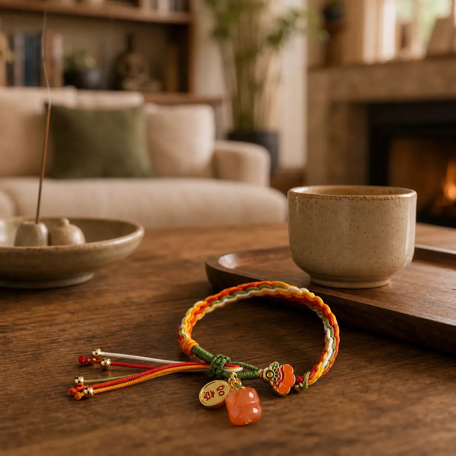 Persimmon Red Agate Strength Reincarnation Knot Braid String Bracelet featuring Red Agate, Red String