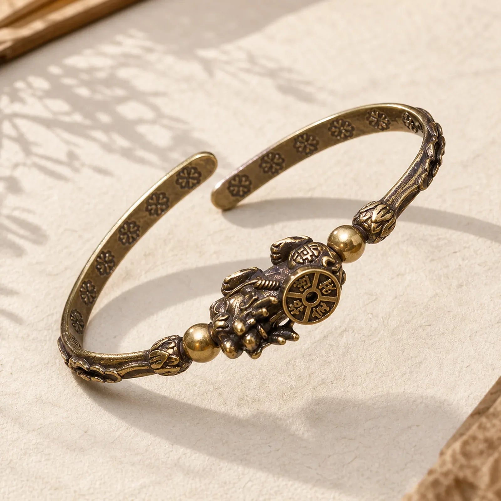 Pi Xiu Carrying Coin Ingot Copper Brass Luck Wealth Bracelet Bangle featuring Pixiu, Copper, Fu Character