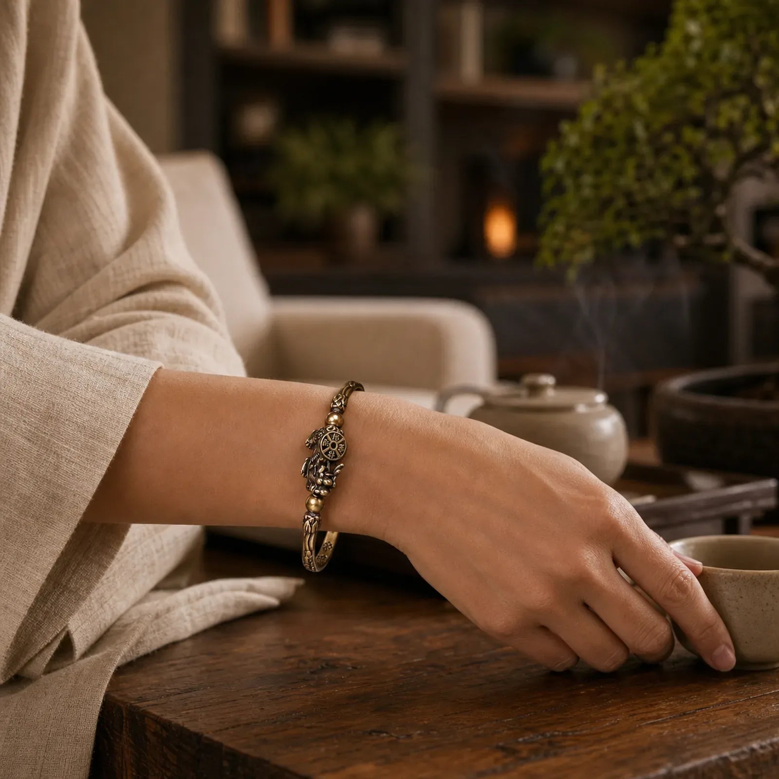 Pi Xiu Carrying Coin Ingot Copper Brass Luck Wealth Bracelet Bangle featuring Pixiu, Copper, Fu Character