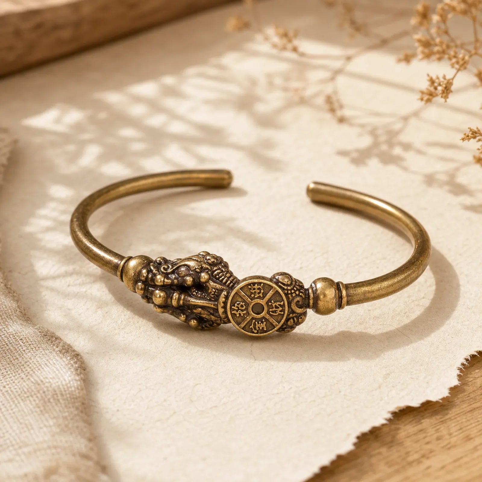 Pi Xiu Carrying Compass Fu Character Copper Brass Luck Wealth Bracelet Bangle featuring Pixiu, Fu Character, Copper