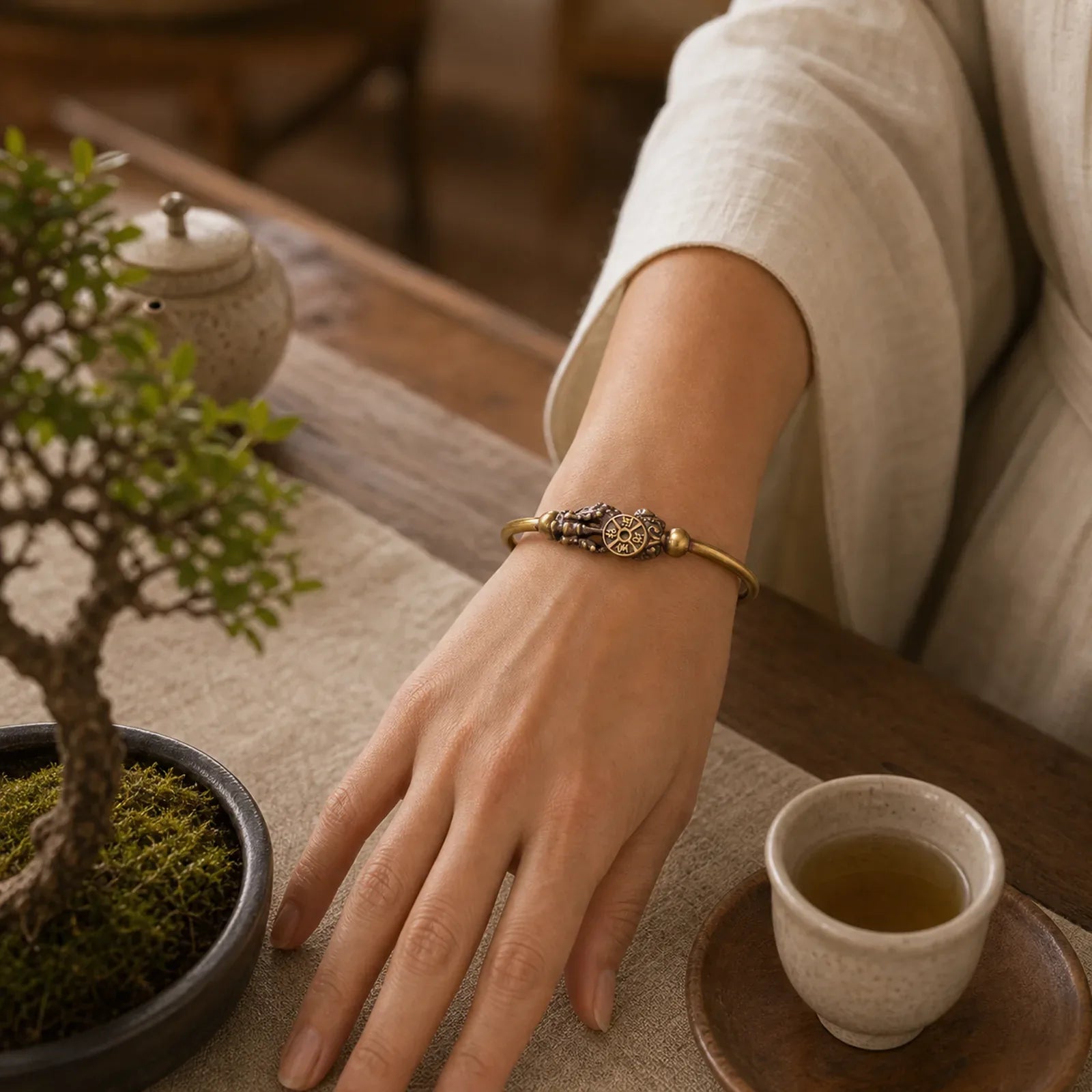 Pi Xiu Carrying Compass Fu Character Copper Brass Luck Wealth Bracelet Bangle featuring Pixiu, Fu Character, Copper