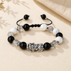 Pi Xiu Six True Words 999 Sterling Silver Black Obsidian White Turquoise Chrysoberyl Luck Bracelet featuring Pixiu, Silver, Black Obsidian
