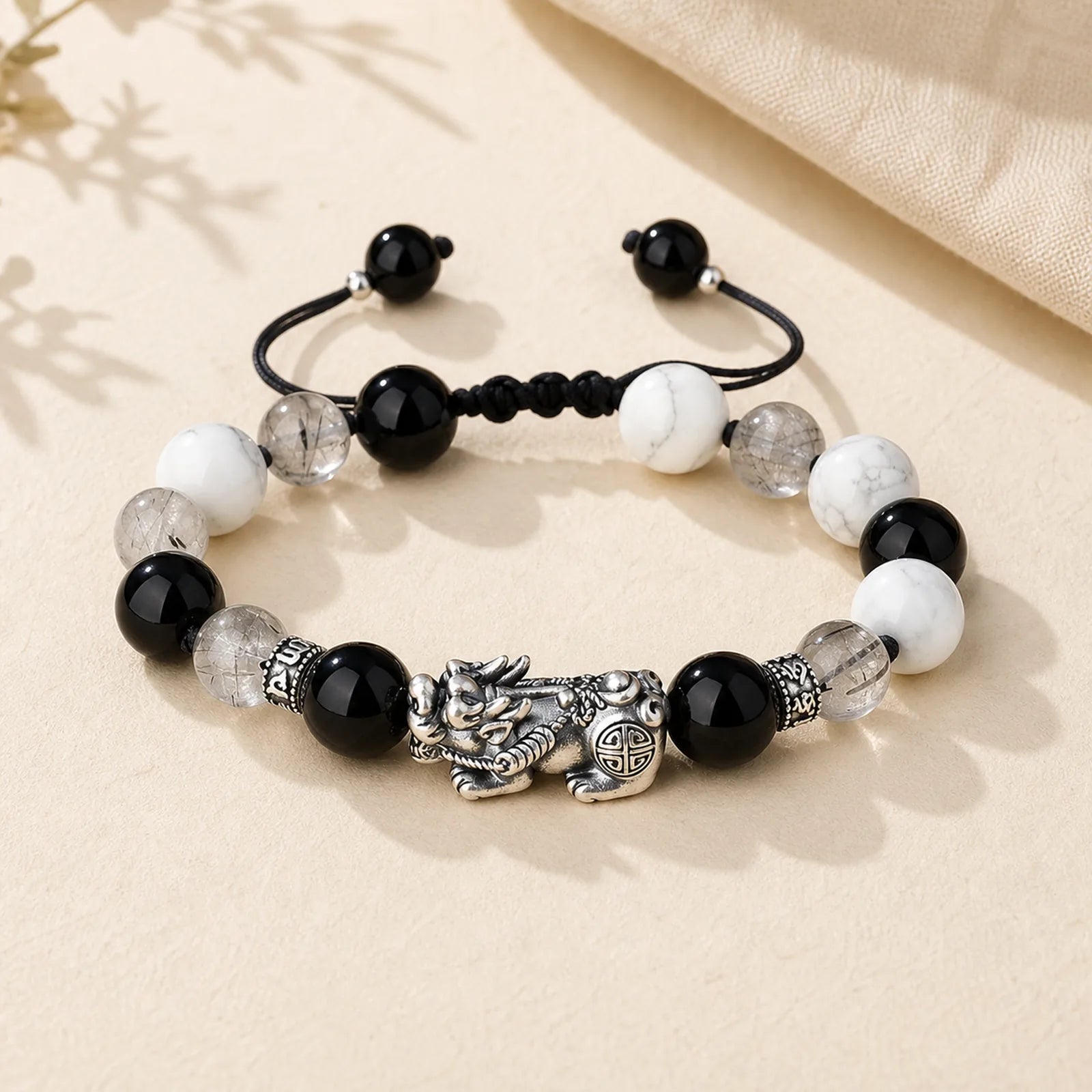Pi Xiu Six True Words 999 Sterling Silver Black Obsidian White Turquoise Chrysoberyl Luck Bracelet featuring Pixiu, Silver, Black Obsidian