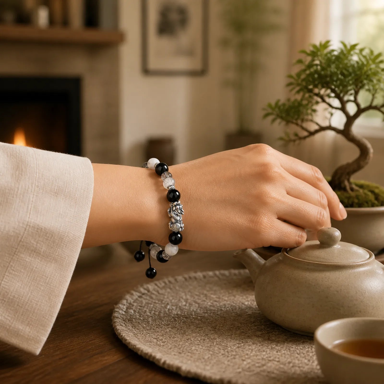 Pi Xiu Six True Words 999 Sterling Silver Black Obsidian White Turquoise Chrysoberyl Luck Bracelet featuring Pixiu, Silver, Black Obsidian