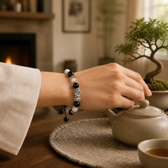 Pi Xiu Six True Words 999 Sterling Silver Black Obsidian White Turquoise Chrysoberyl Luck Bracelet featuring Pixiu, Silver, Black Obsidian
