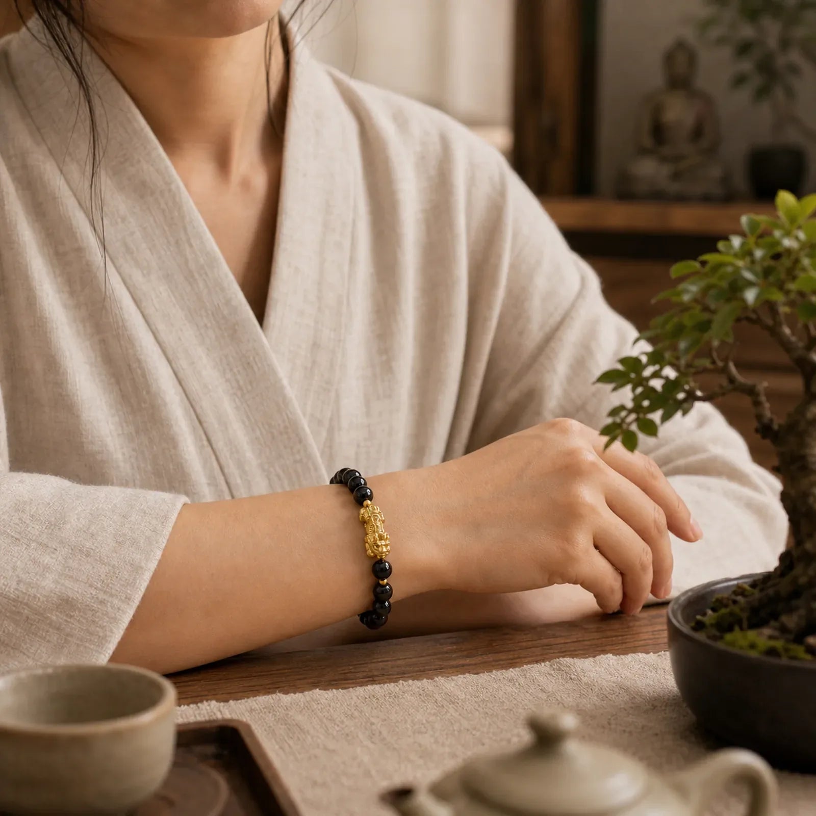 PiXiu Brown Striped Agate Wealth Bracelet featuring Pixiu, Brown Striped Agate, Copper