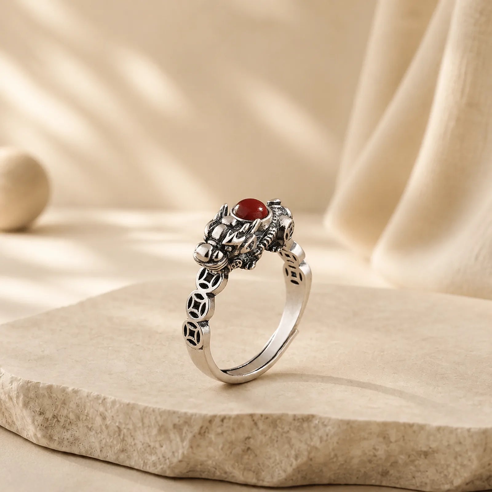 PiXiu Copper Coin Red Agate Wealth Luck Ring featuring Pixiu, Copper, Red Agate