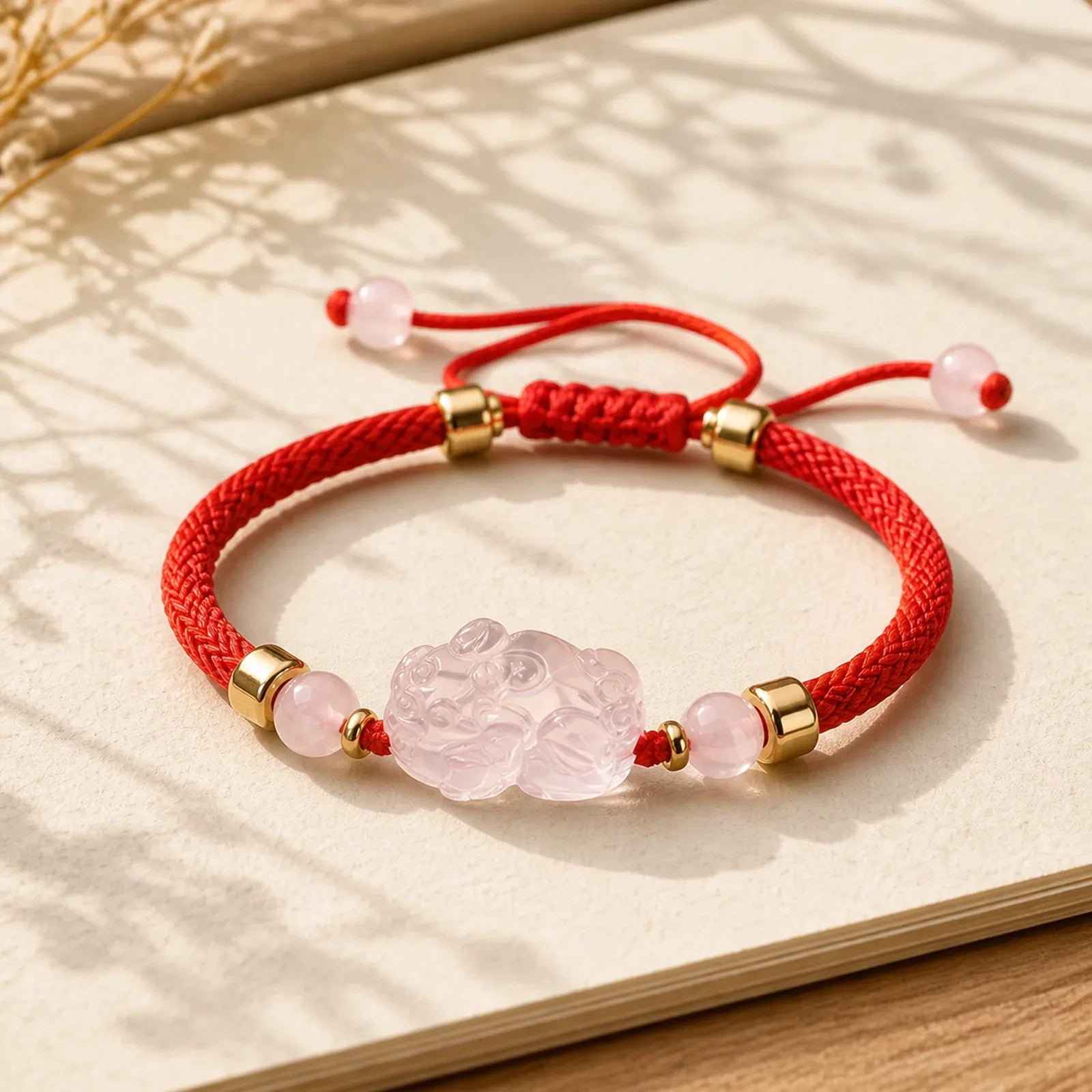 PiXiu Pink Crystal Wealth String Braided Bracelet featuring Pixiu, Pink Crystal, Red String