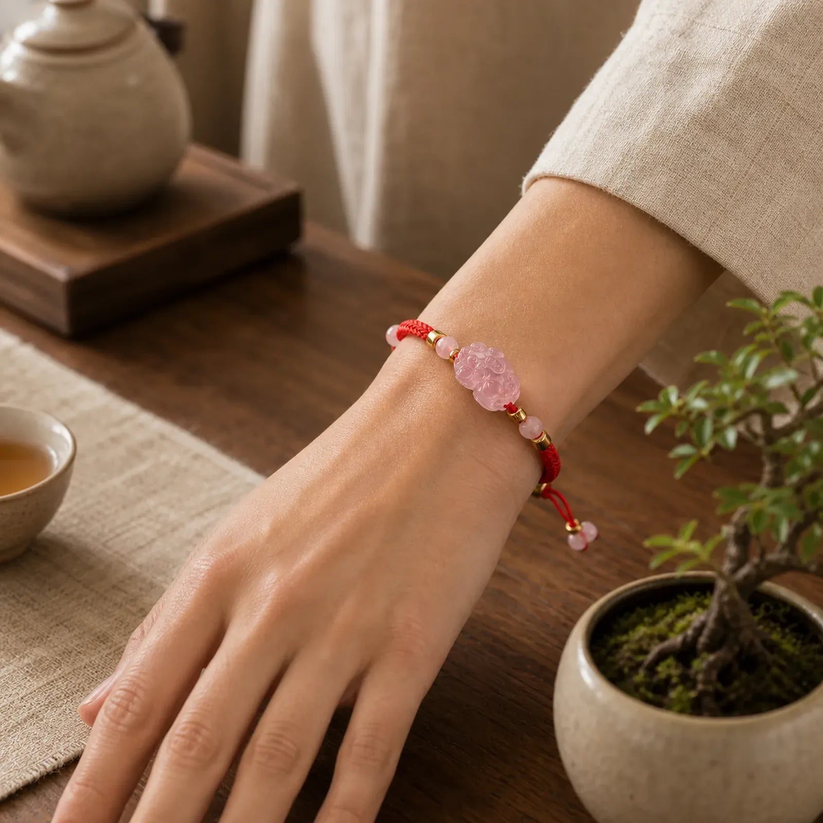 PiXiu Pink Crystal Wealth String Braided Bracelet featuring Pixiu, Pink Crystal, Red String