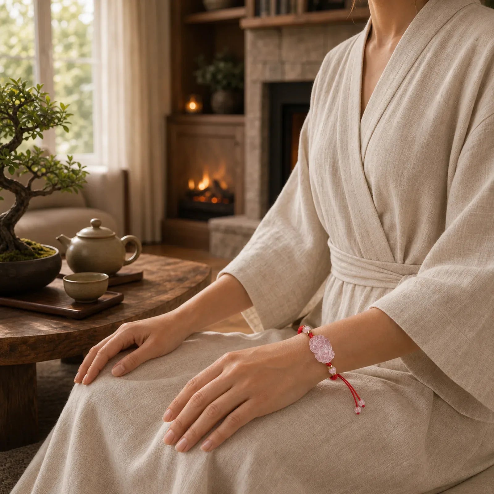 PiXiu Pink Crystal Wealth String Braided Bracelet featuring Pixiu, Pink Crystal, Red String