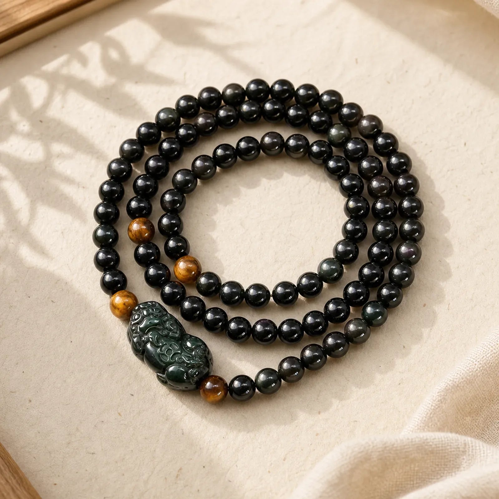PiXiu Rainbow Obsidian Black Obsidian Wealth Hand Carved Bead Bracelet featuring Pixiu, Rainbow Obsidian, Black Obsidian